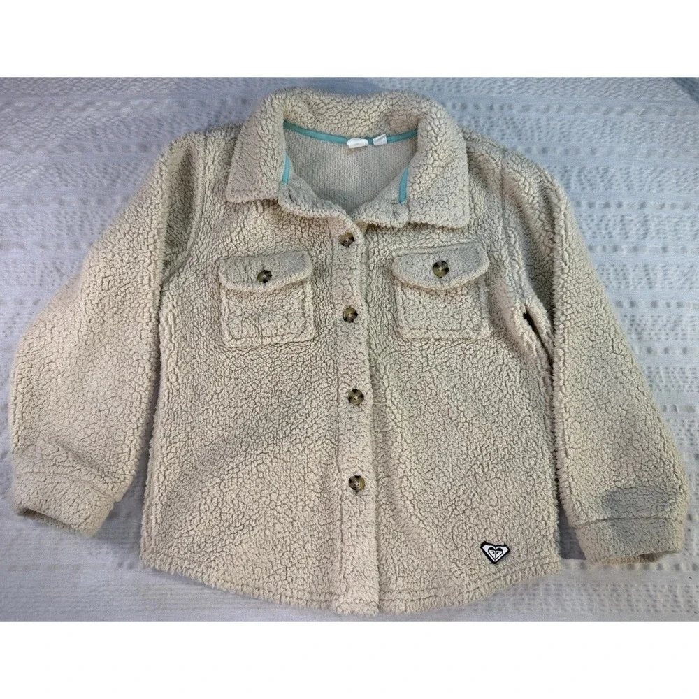 Roxy Girls‎ Sherpa Jacket Large 14 16 Cream Fleece Button Up Cozy